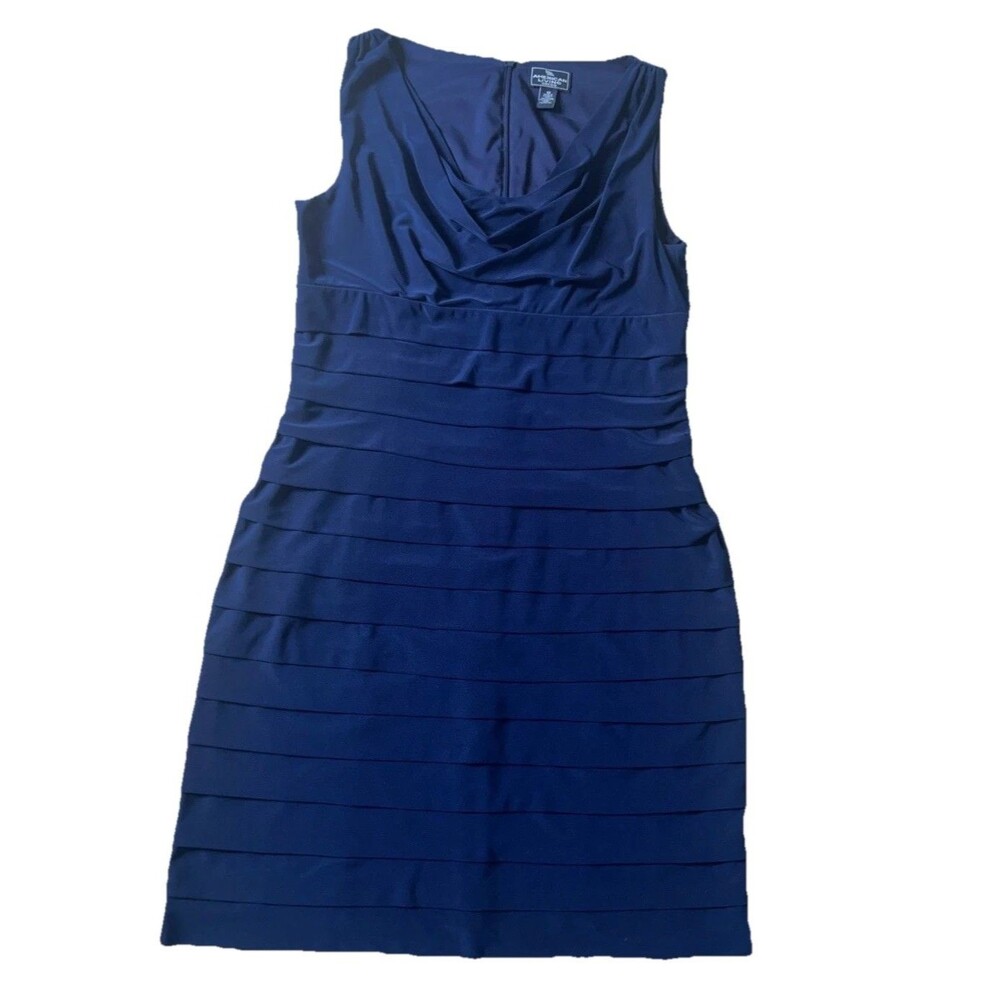 Women's American Living Blue Tiered Sleeveless Draped Neck Sheath Dress Size 12